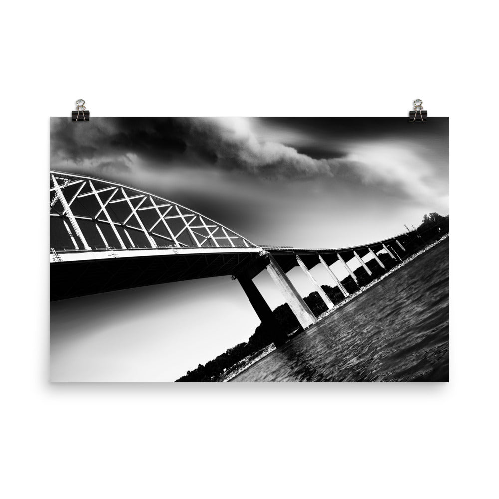 Image of Crisscross the Canal black and white photographic art print on 24 inch by 36 inch premium luster photo paper by Jessica St. Clair