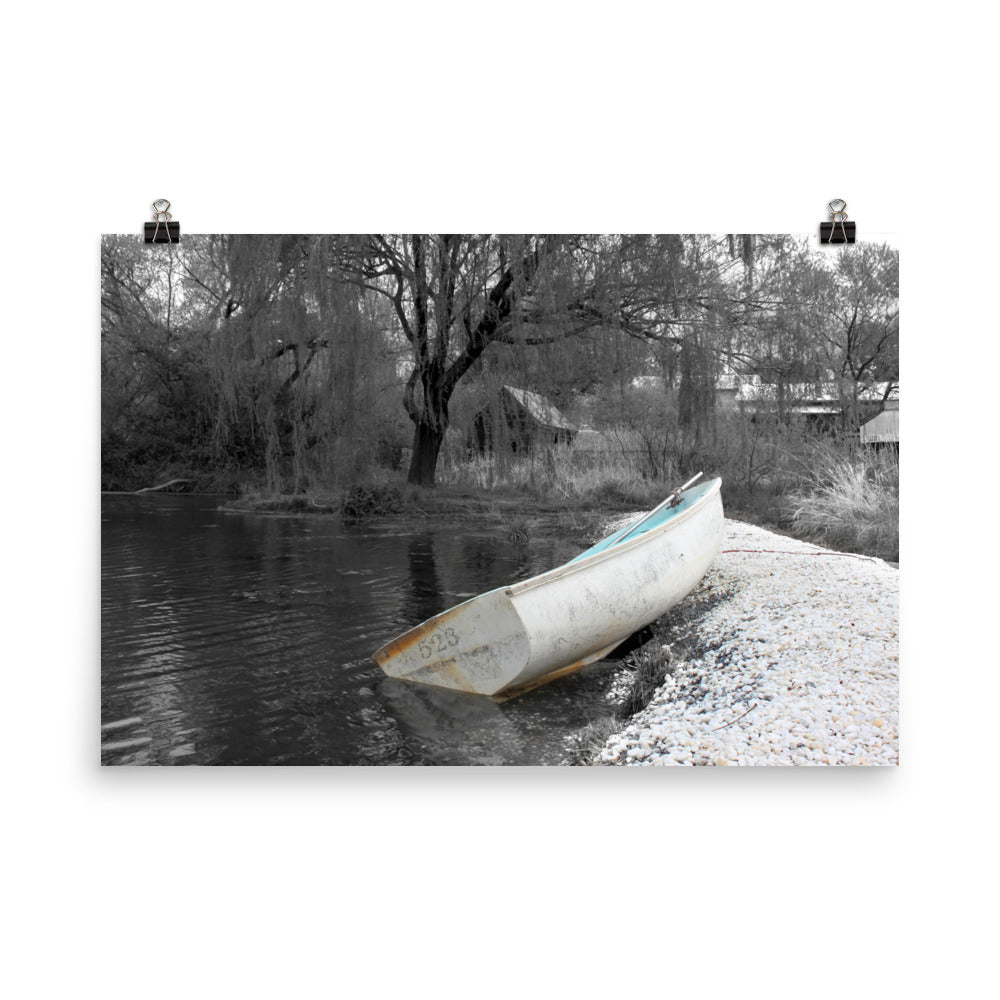 Image of 24 inch by 36 inch art print titled Ashore with a small row boat left at the water's edge and a willow tree in the background