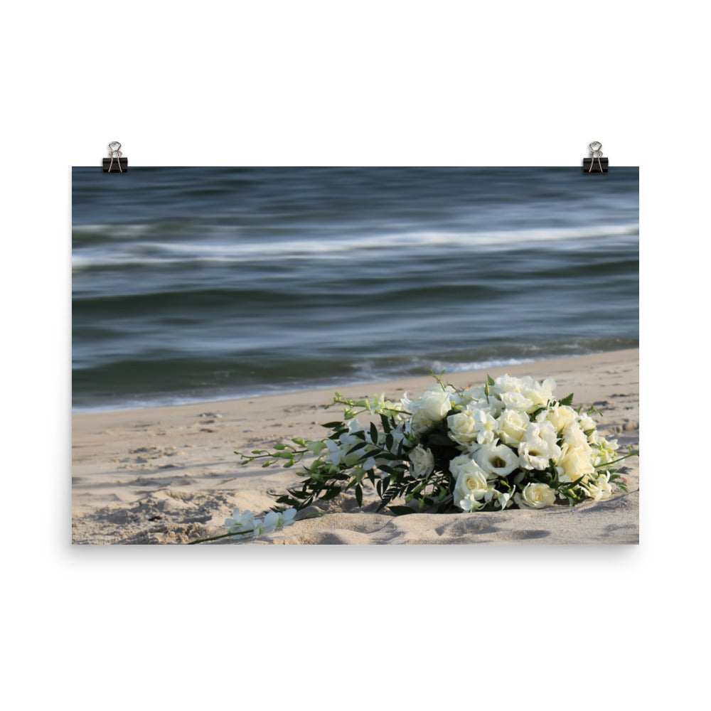 Image of Beach Bouquet photography 24 inch by 36 inch art print on premium luster photo paper by Jessica St. Clair featuring a bridal flower bouquet on the sand at the water's edge