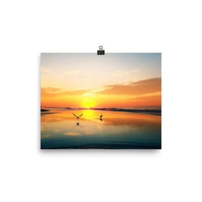 Image of Early Birds photographic art print on 8 inch by 10 inch premium luster photo paper by Jessica St. Clair depicting two seagulls on glassy Myrtle Beach water at dawn