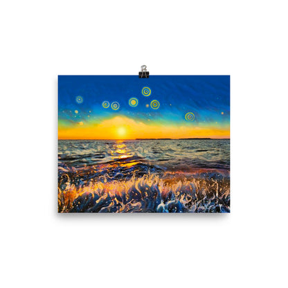 Image of Twilight Ride mixed media art print on 8 inch by 10 inch premium luster photo paper by Jessica St. Clair depicting a boat's trail in the water on the ride in as a brilliant sun sets and stars rise