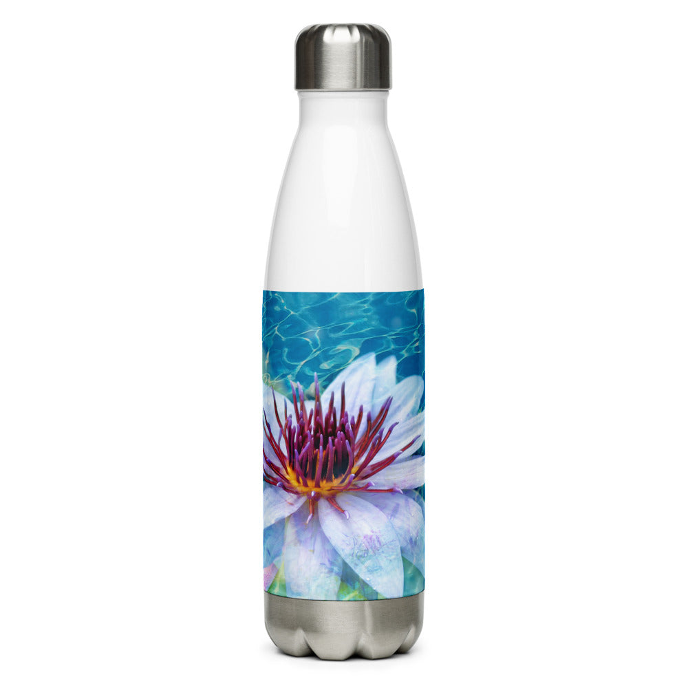 Image of front of 17 ounce stainless steel water bottle featuring Aqua Pura artwork design by Jessica St. Clair