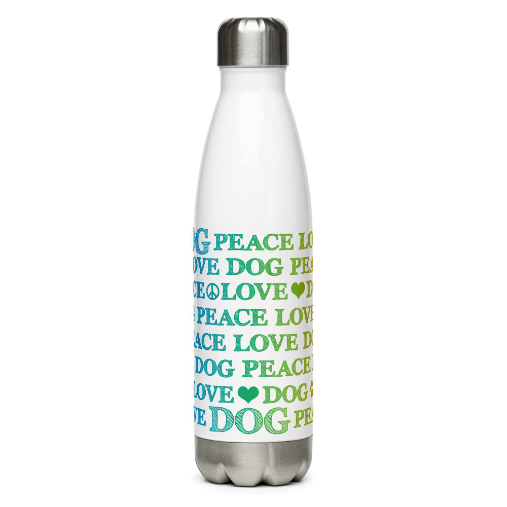 Image of front of 17 ounce stainless steel water bottle featuring Peace Love Dog artwork design by Jessica St. Clair