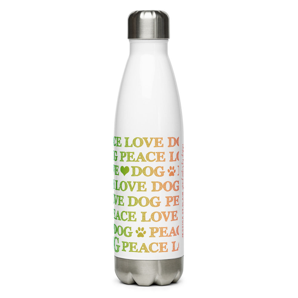 Image of side of 17 ounce stainless steel water bottle featuring Peace Love Dog artwork design by Jessica St. Clair