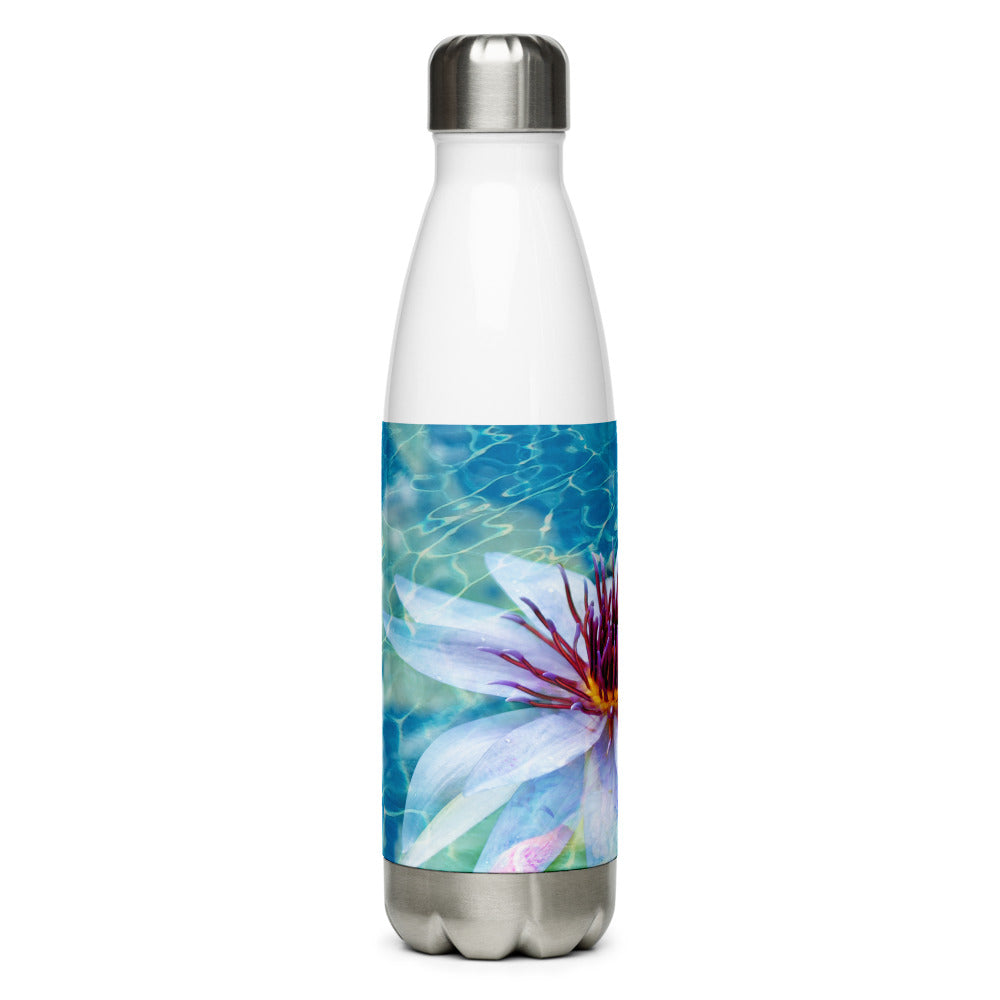 Image of side of 17 ounce stainless steel water bottle featuring Aqua Pura artwork design by Jessica St. Clair