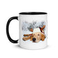 Image of back view of white ceramic mug featuring black inside and handle with photo of yellow lab puppy wearing lumberjack hat snoozing in the snow