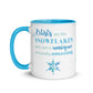 Image of back view of white ceramic mug featuring blue inside and handle with saying Artists are like snowflakes each one is unique and totally amazing